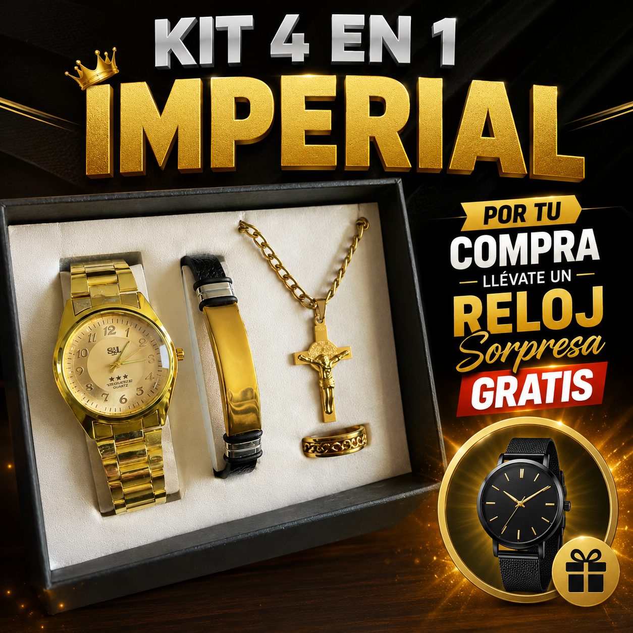 KIT 4 EN 1 GOLD + RELOJ SORPRESA